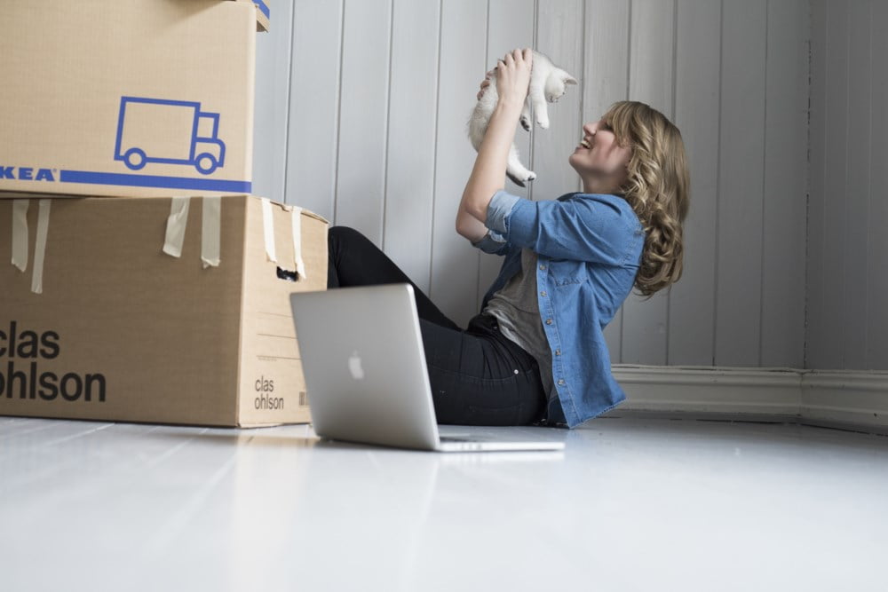 Dame holder katt med flytte esker på gulvet. foto